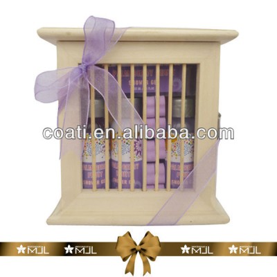 lavender aroma spa products in wooden cabinet